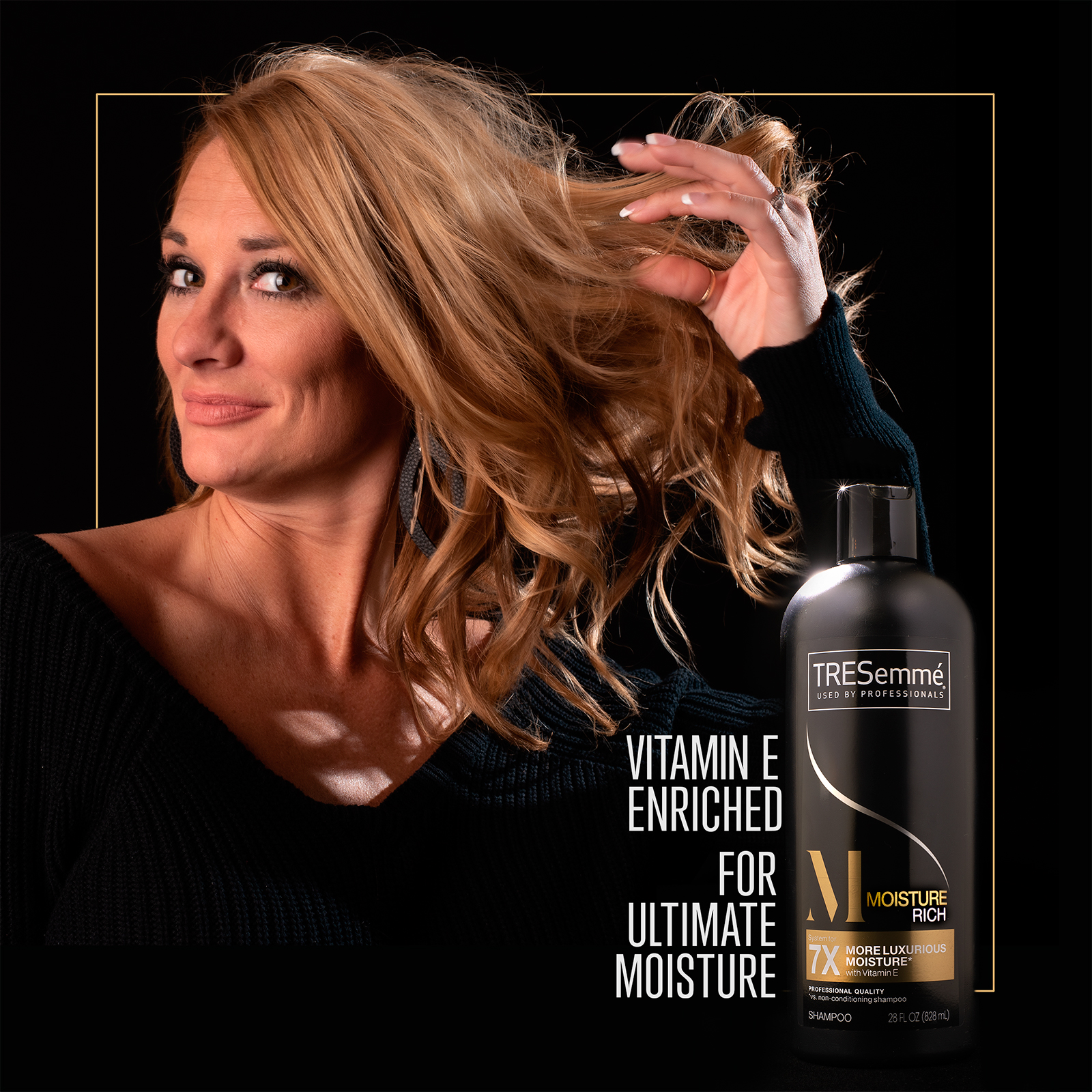 Blonde lady with shampoo bottle in a product advertisement. 